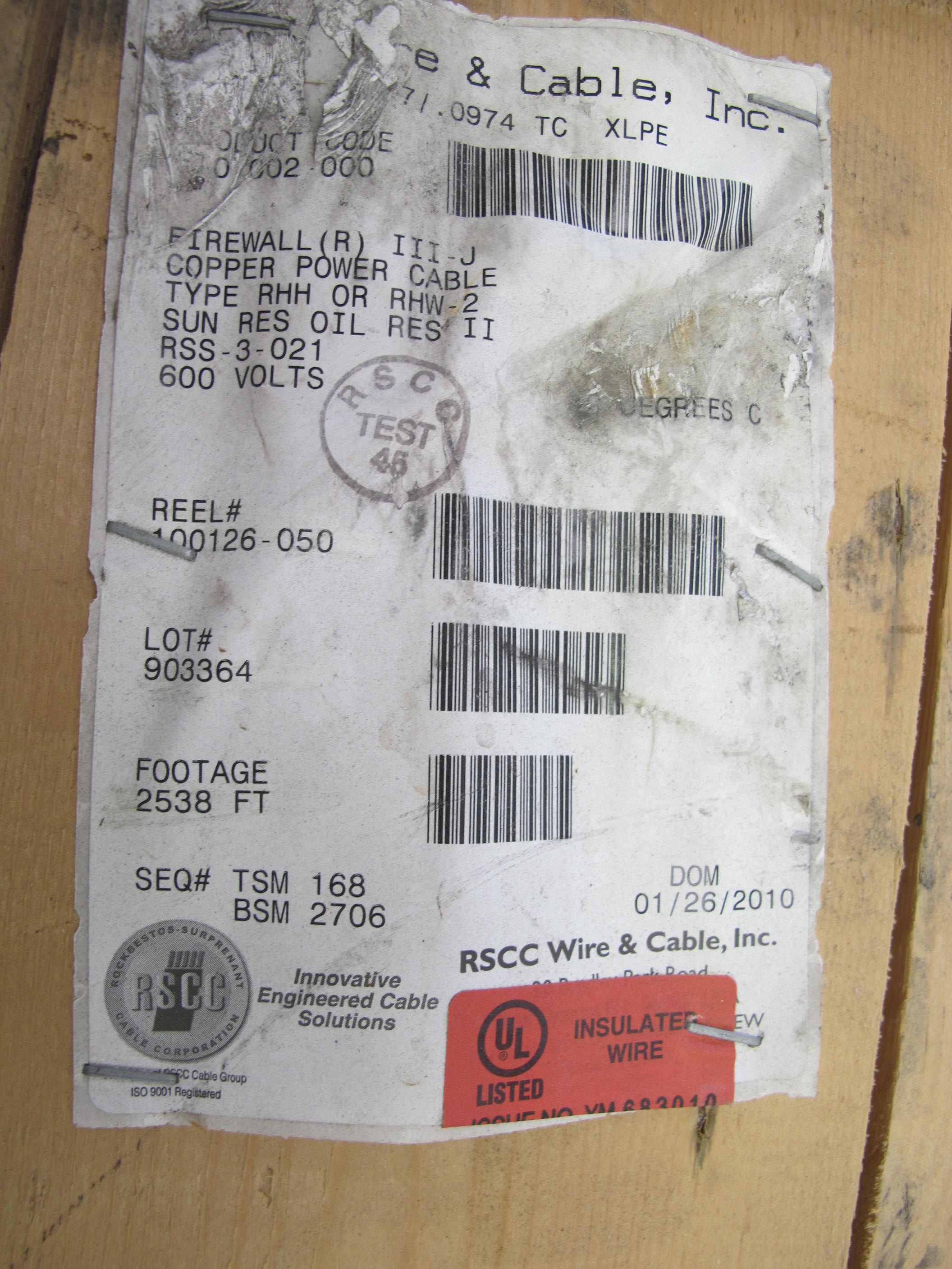 LOT (2188 FT) OF CABLE, ELECTRICAL TYPE, 2 AWG SIZE, 600V RATING, TIN COPPER MATERIAL, 1 CONDUCTOR, POWER KIND. HYPALON (CSPE) JACKET, FIREWALL III-J, FR-XLPE INSULATION, CABLE CODE G1D ROCKBESTOS (W-44) LOADING & HANDLING FEE $15-